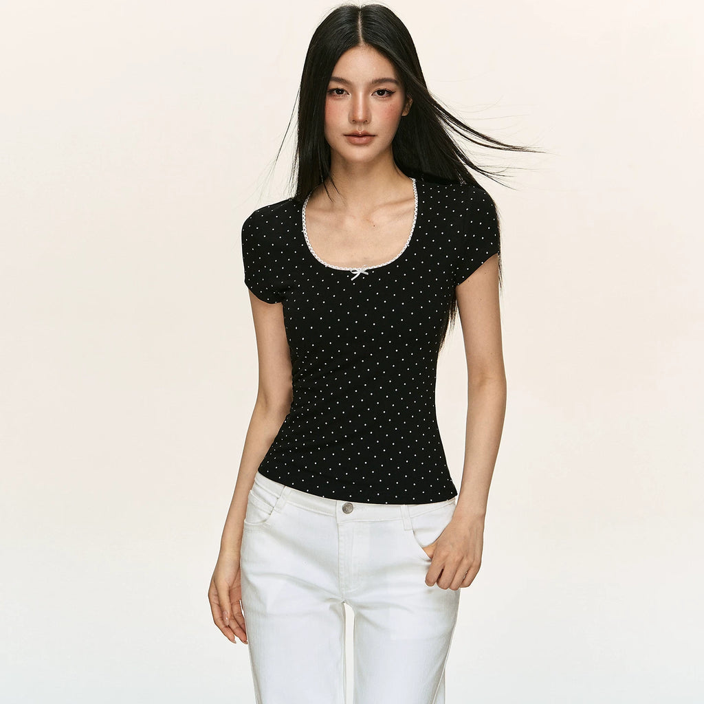 Anna Aneae Polka Dot Lace Edge Square Collar Slim  Tee