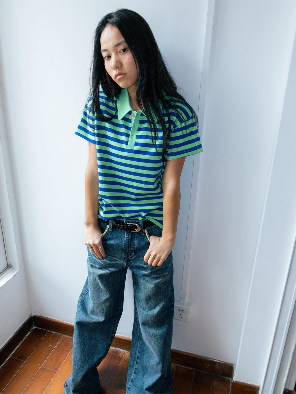 FUNKYFUN Fleece Contrasting Buckle Striped Lapel Polo Shirt