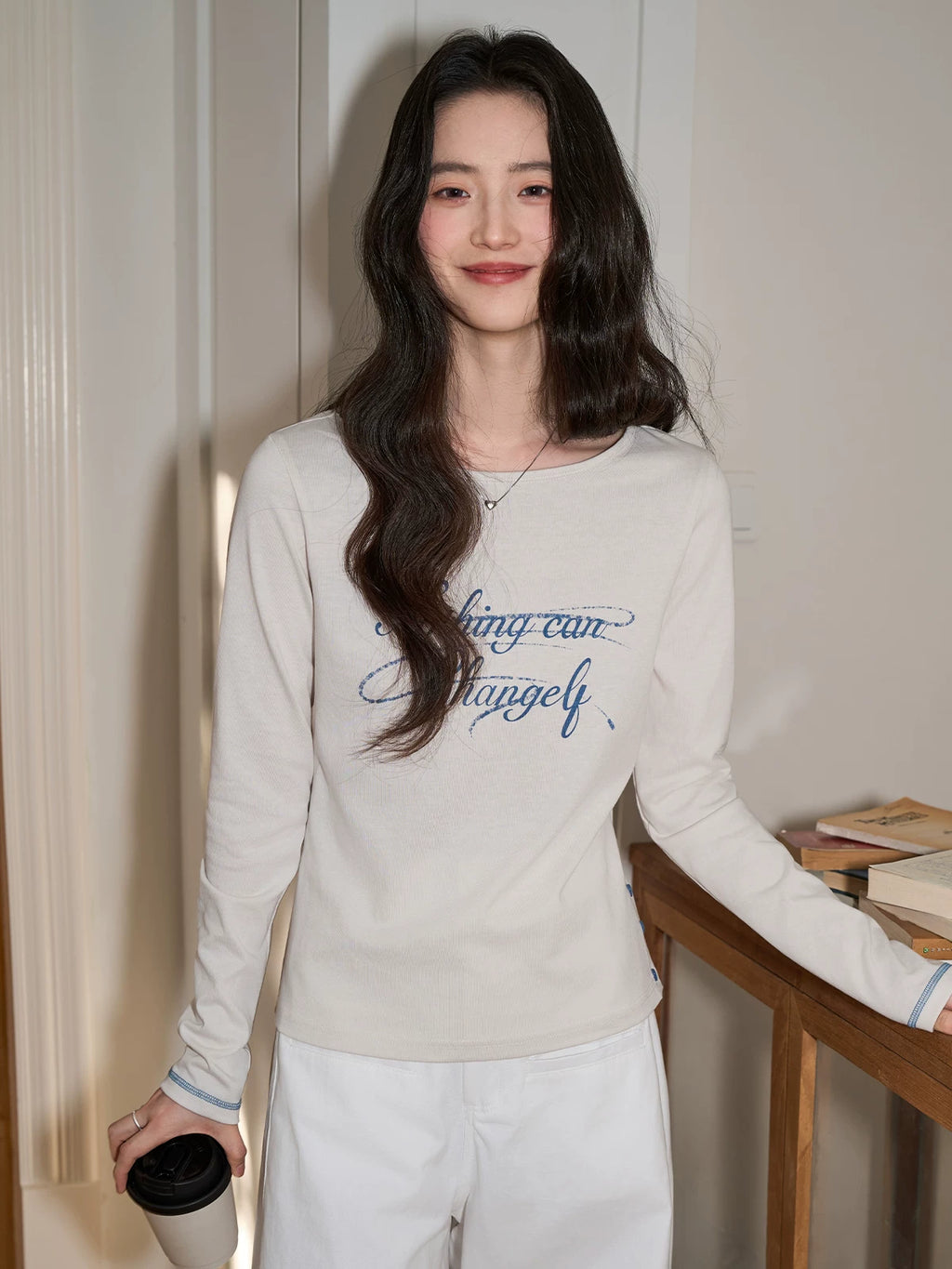 XUJING Crew Neck Letter Print Front Shoulder Slim Sleeve Long Sleeve