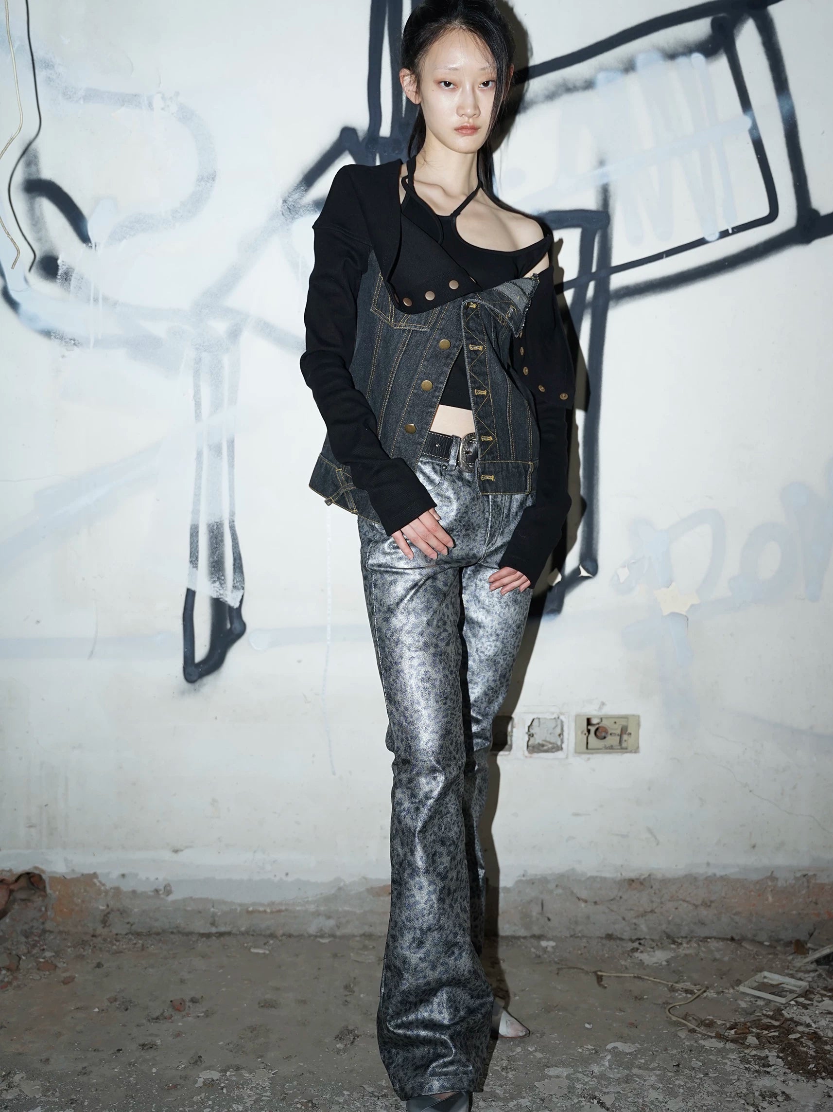 Enteralt Slightly Stretch Leopard Print Denim Flared Pants