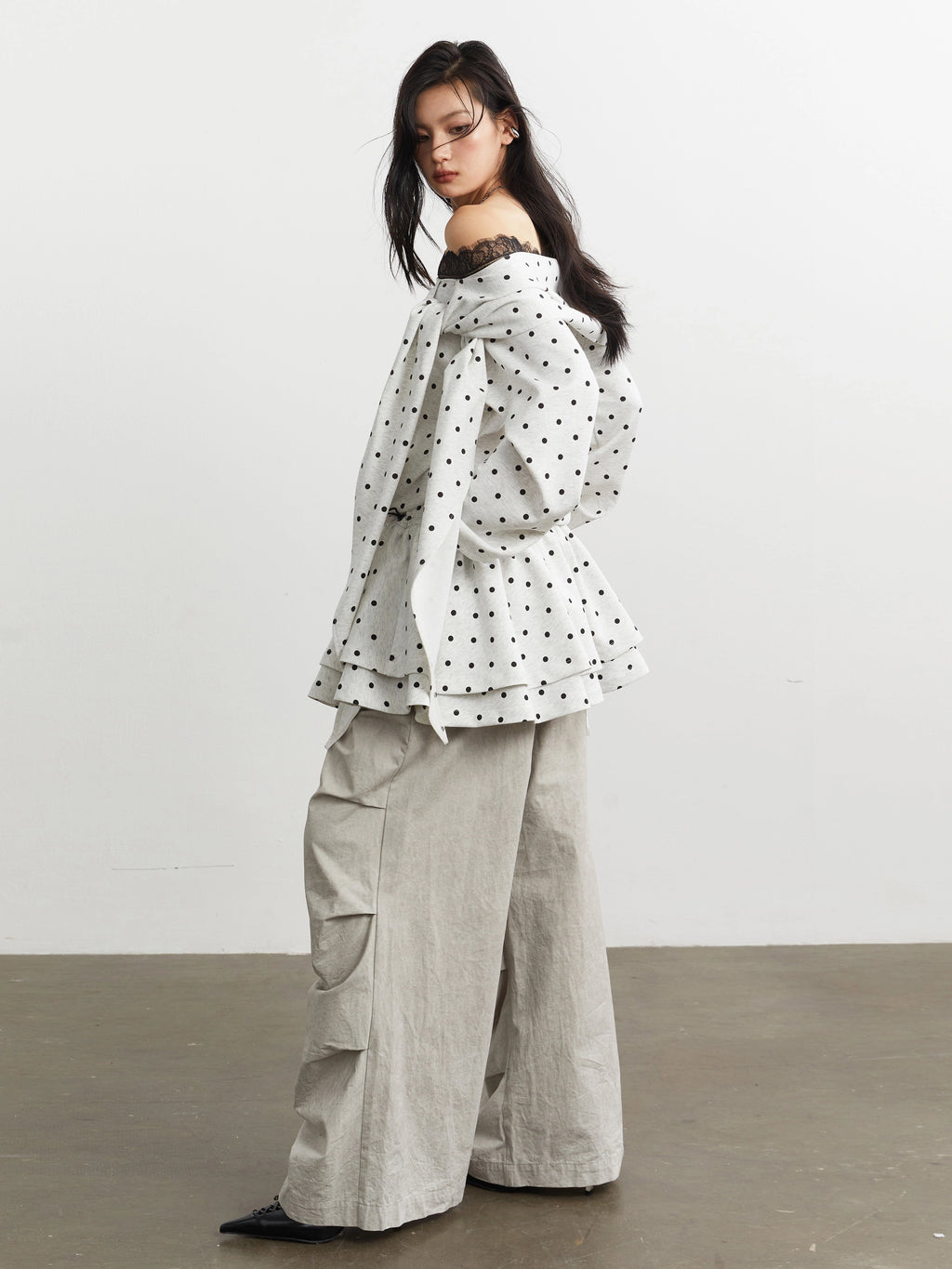 JNYLON Strappy Off-the-shoulder Polka Dot Sweater