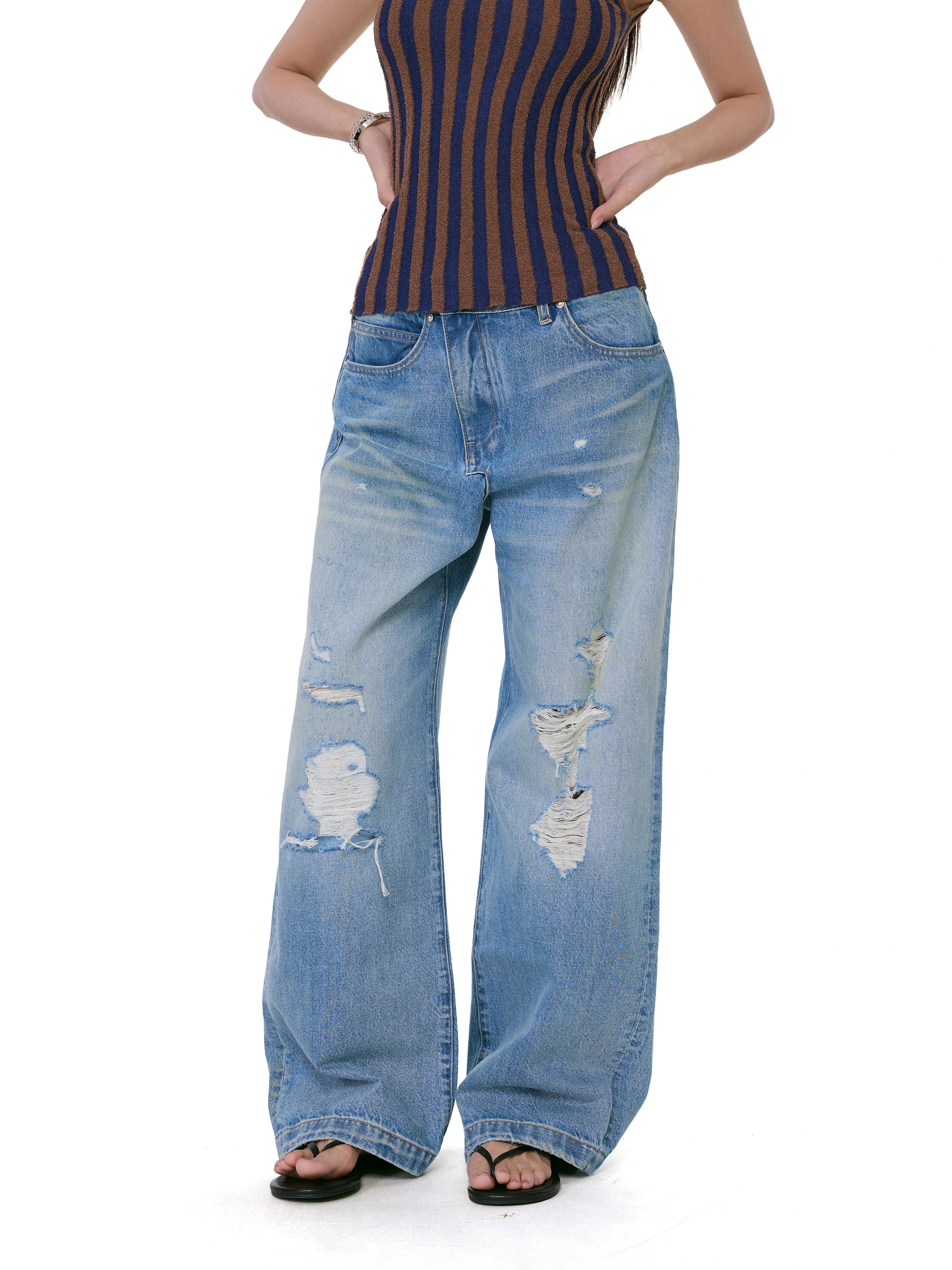 WITHMIN Low-rise Versatile Ripped Straight Wide-leg Pants