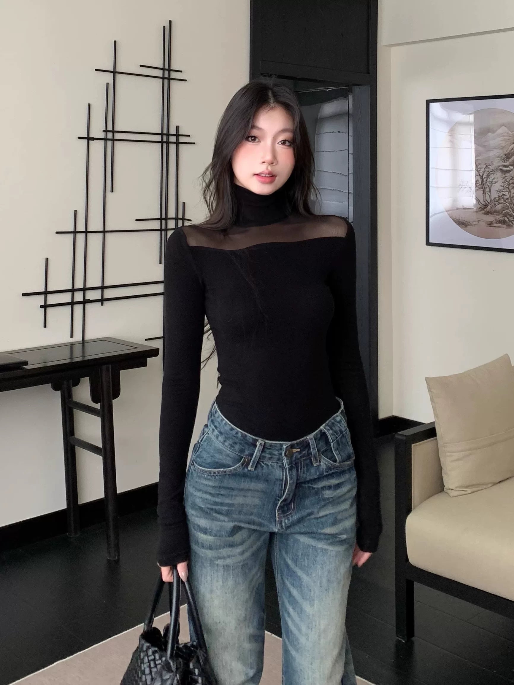 WITHMIN Semi-turtleneck Hollow Slim Bottom Long Sleeve