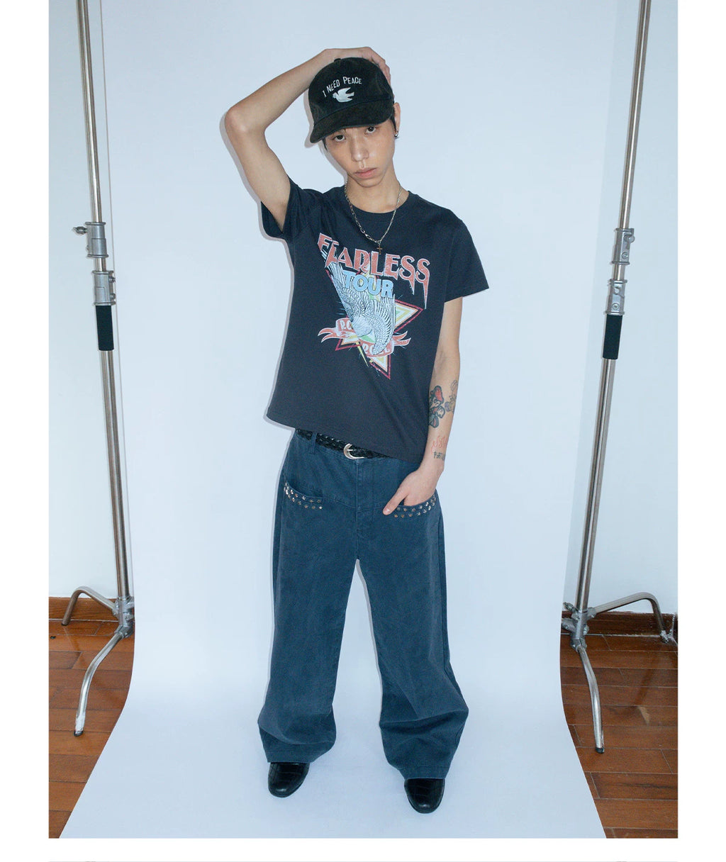 FUNKYFUN Do Old Rock Print Front Shoulder Tee