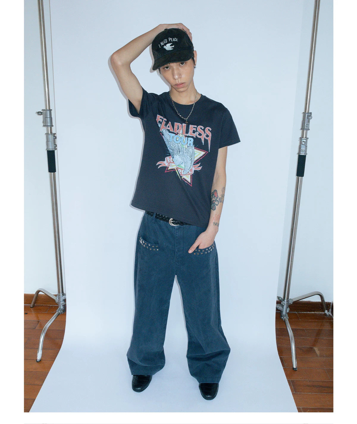 FUNKYFUN Do Old Rock Print Front Shoulder Tee
