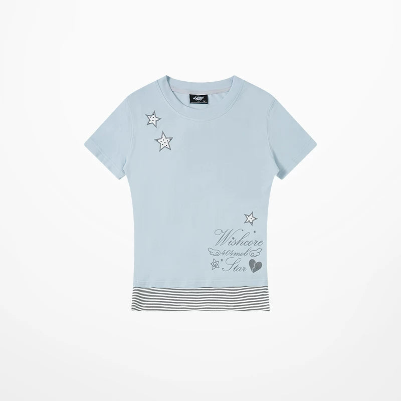 404MOB Crew Neck Striped Embroidered Slim Tee