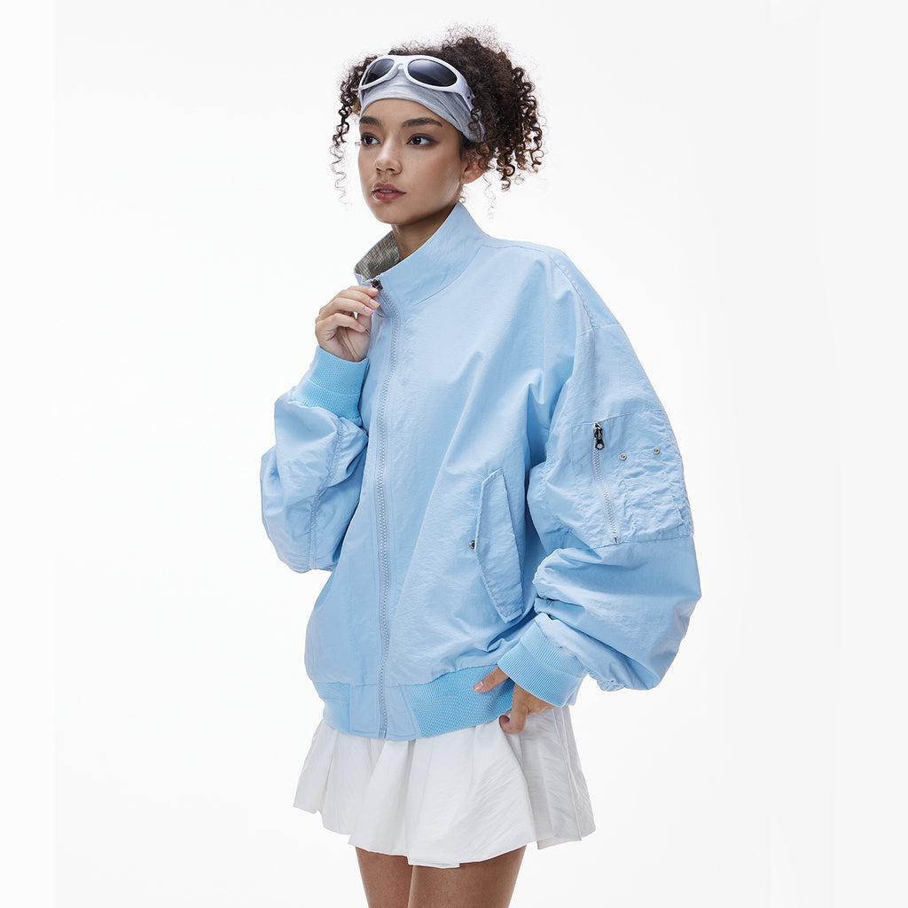 Inflation Short Stand-Up Collar Checked Contrast Baseball Jacket