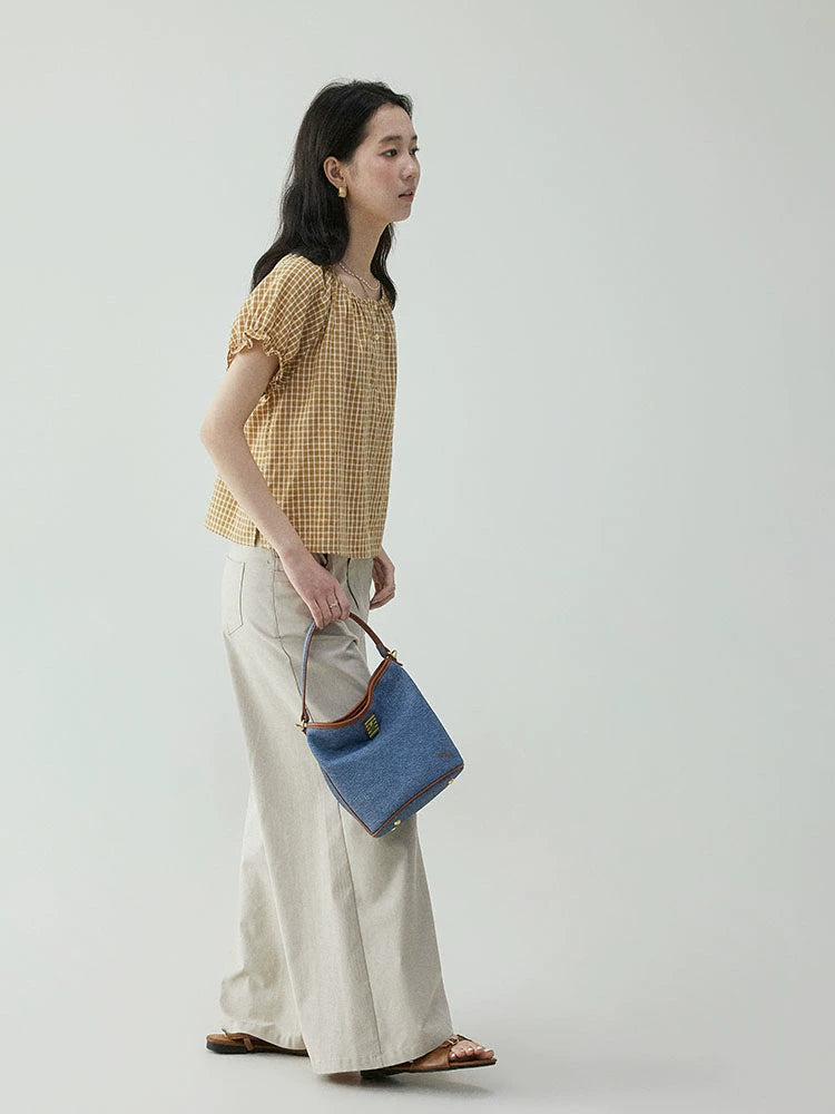 VOOE Vintage Plaid Loose Casual Bubble Sleeve Shirt