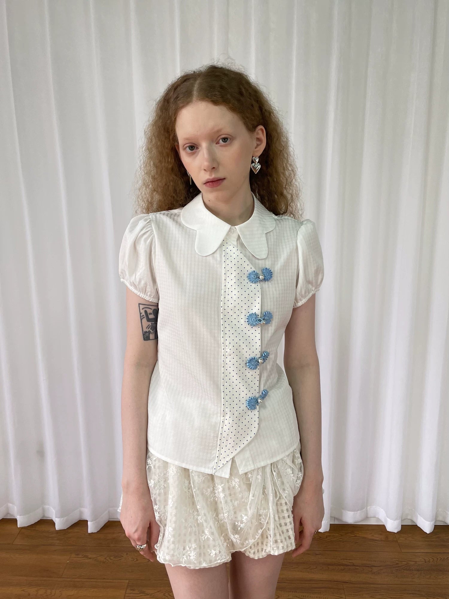 Loosesmell Striped Split Polka Dot Skinny Short Sleeve Shirt