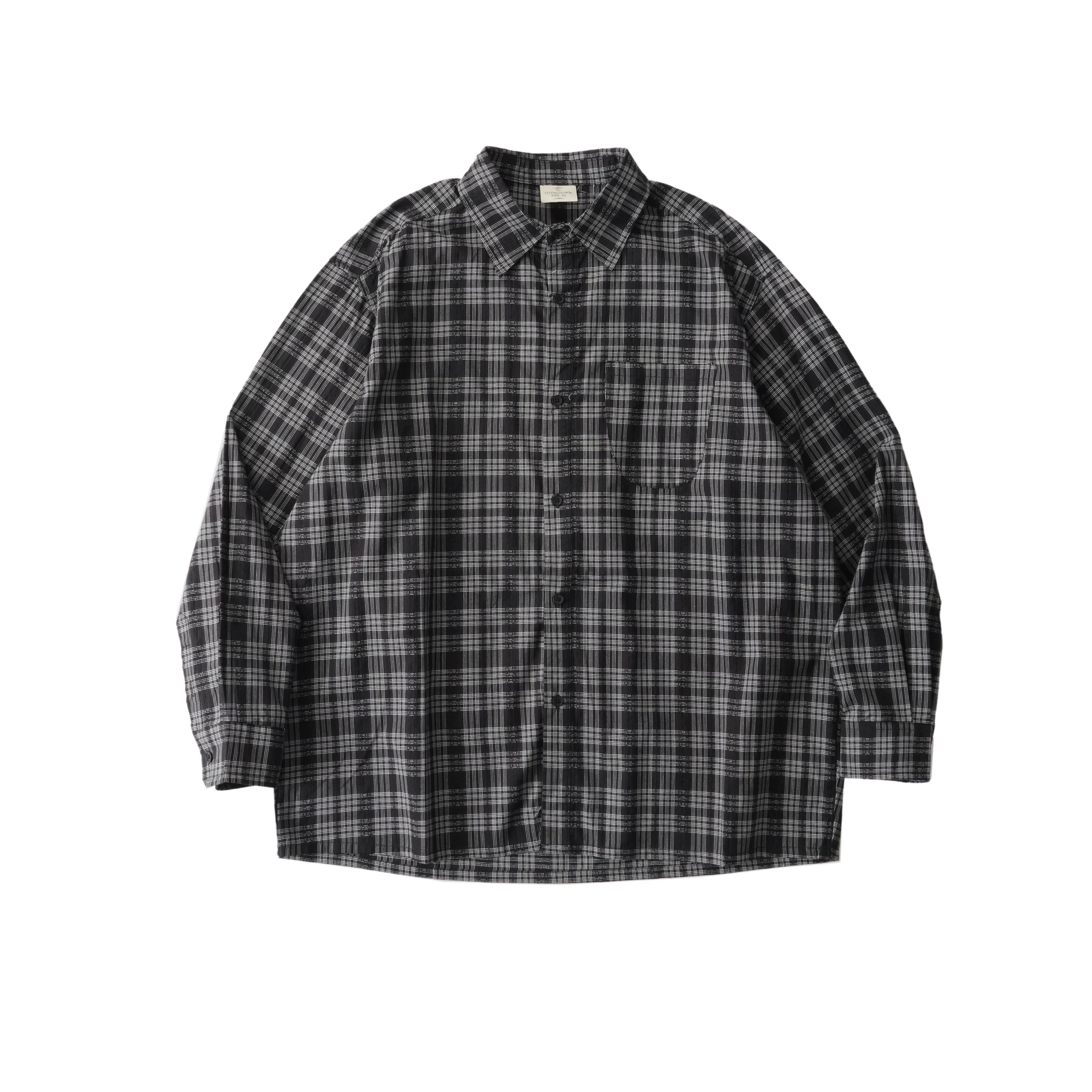 LIVINGTOWN Lapel Plaid Pocket Long-sleeved Shirt