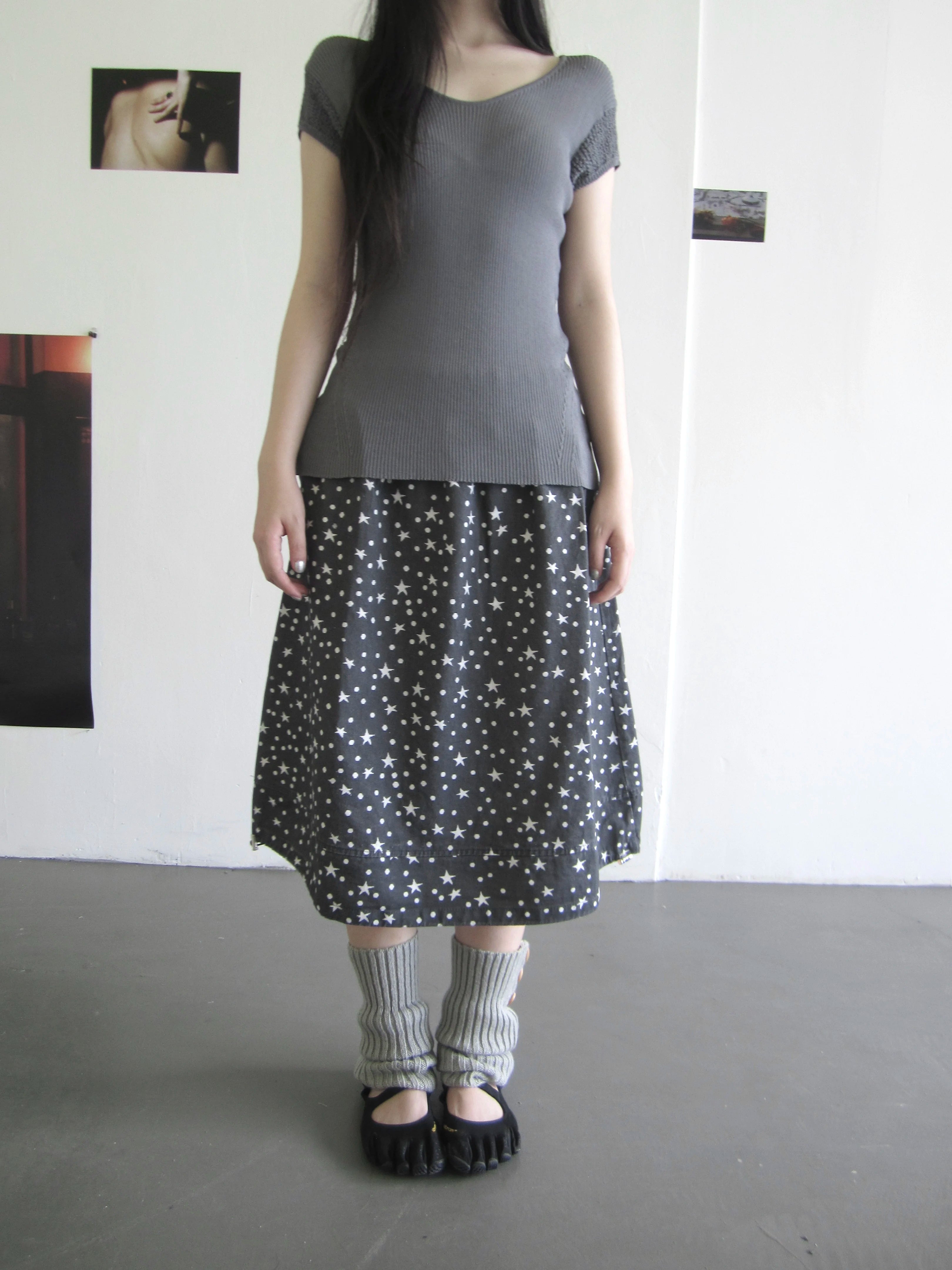 Ang: Project Vintage Star Polka Dot Print Drawstring Denim Skirt