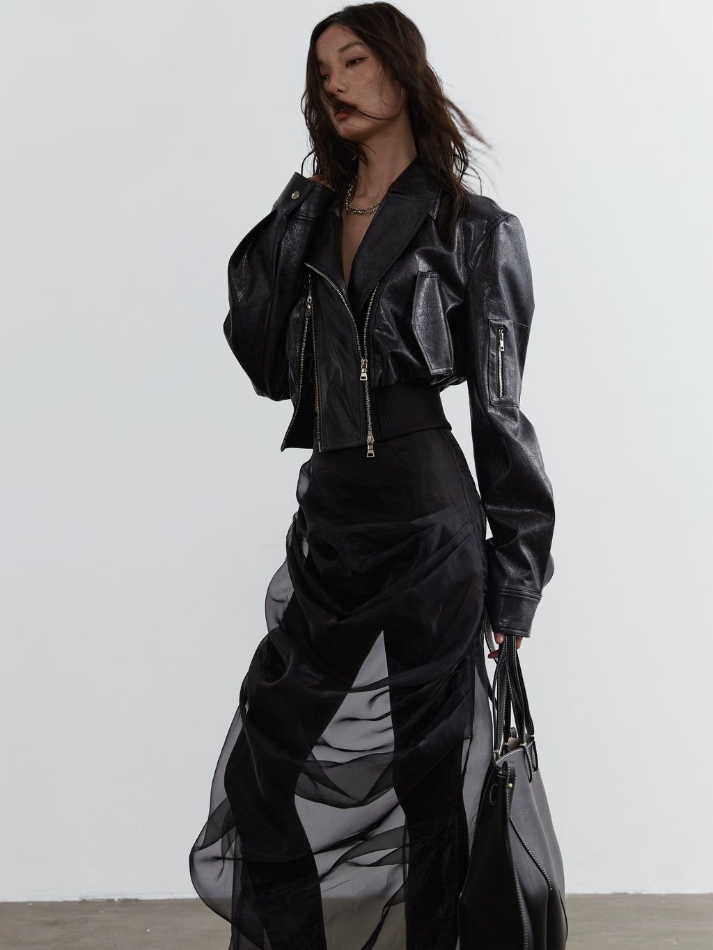 JNYLON Hollow PU Leather High-waisted Ultra-short Jacket