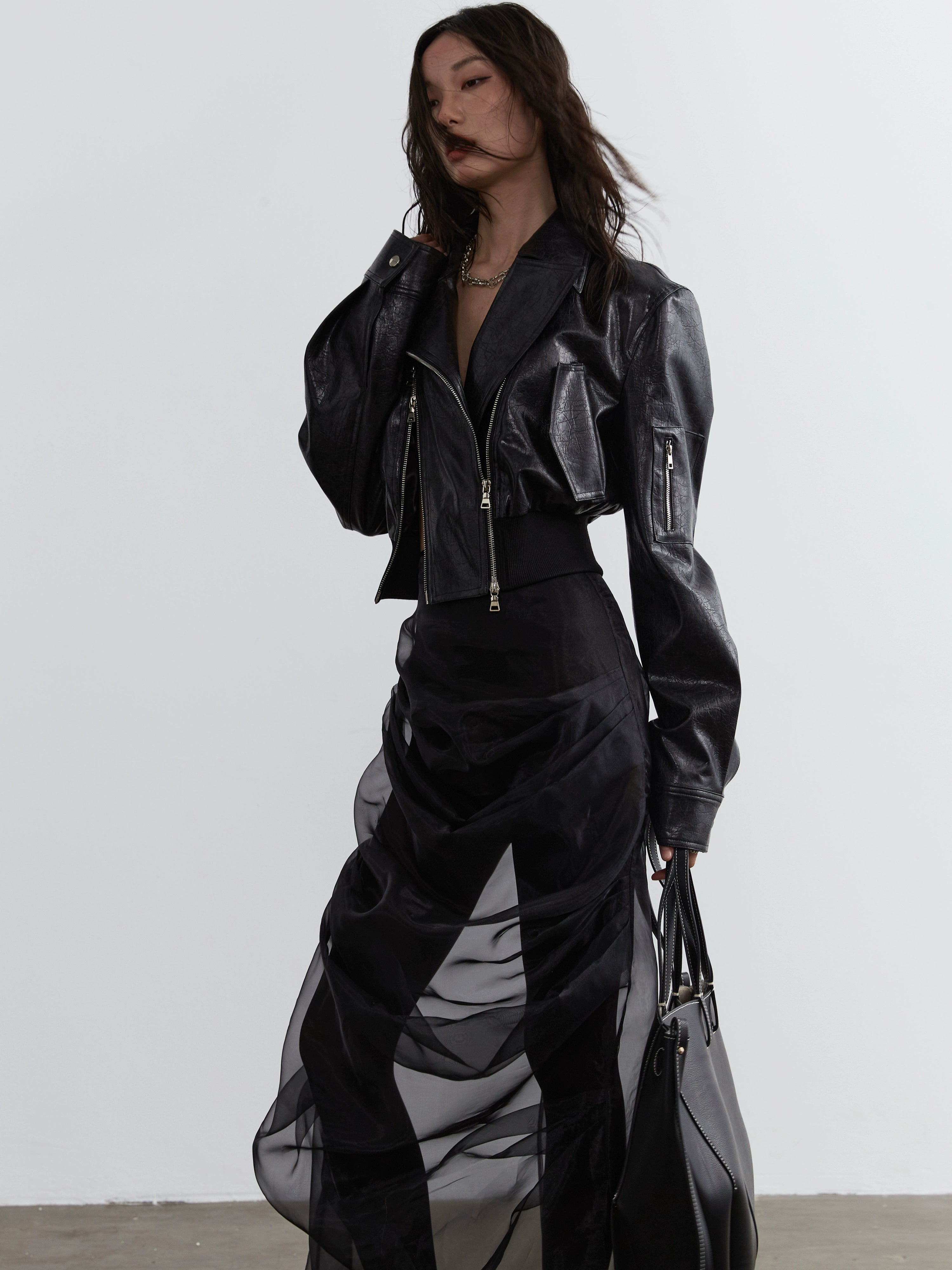 JNYLON Hollow PU Leather High-waisted Ultra-short Jacket