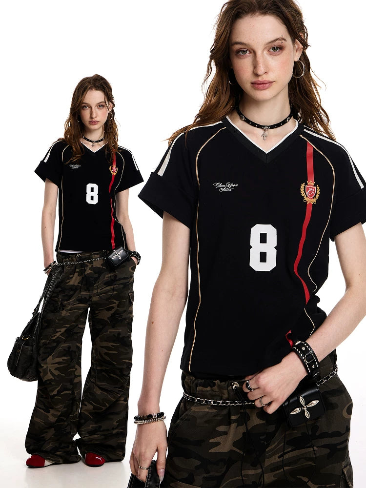 0123Start Vintage Striped V-neck Sports Tee