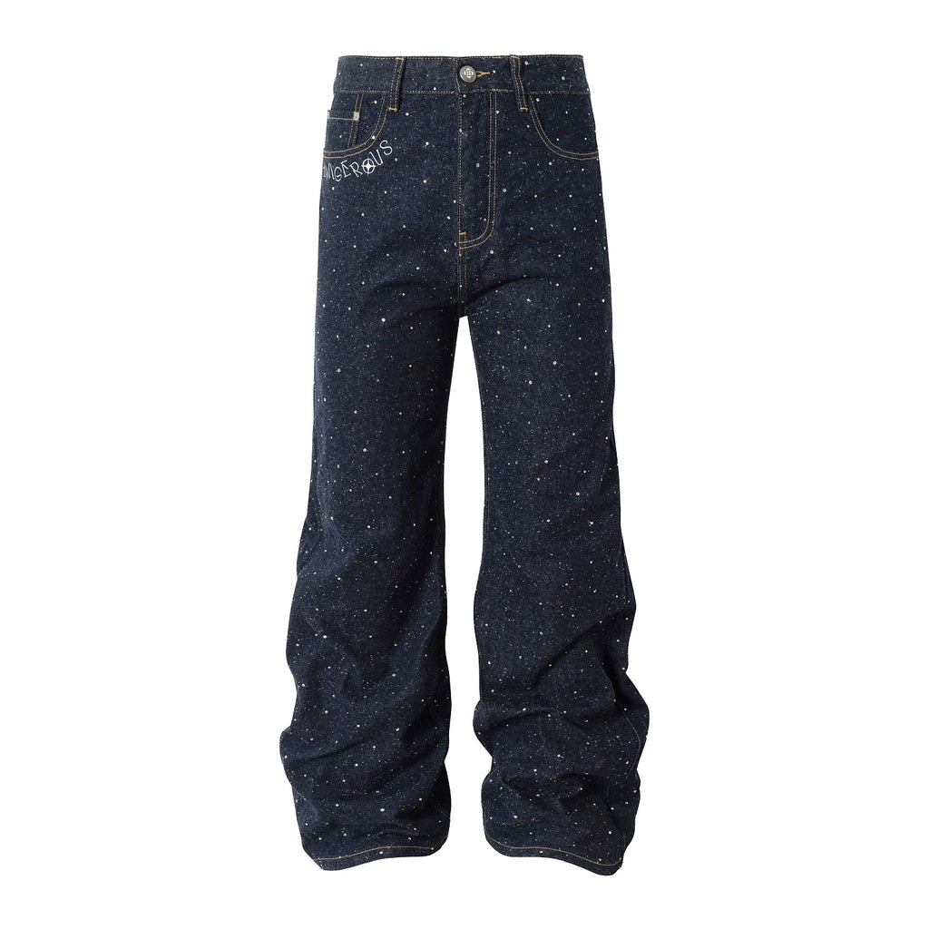 YADcrew 14oz Deep Blue Starry Glitter Wide-Leg Jeans