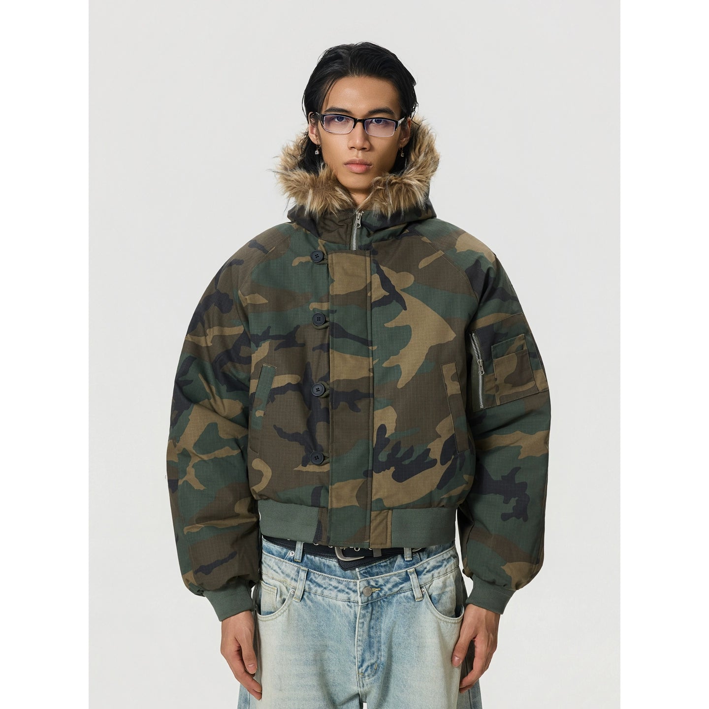 BTSG Camouflage Fur Collar Zip Jacket Cotton