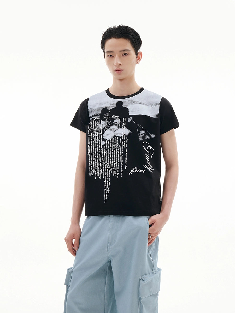 FUNKYFUN Full Print Portrait Slogan Front Shoulder Tee