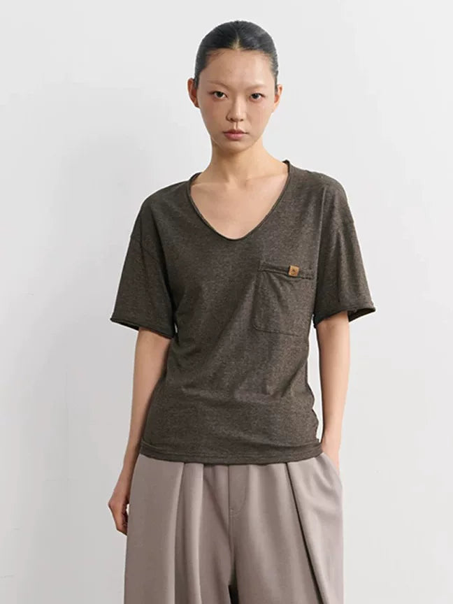 LINY LIBERTY Vintage V-neck Slack Hemming Casual Tee