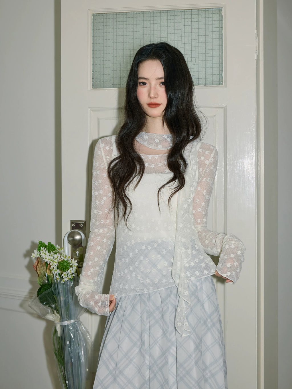 XUJING Lace Floral Slim Long Sleeves