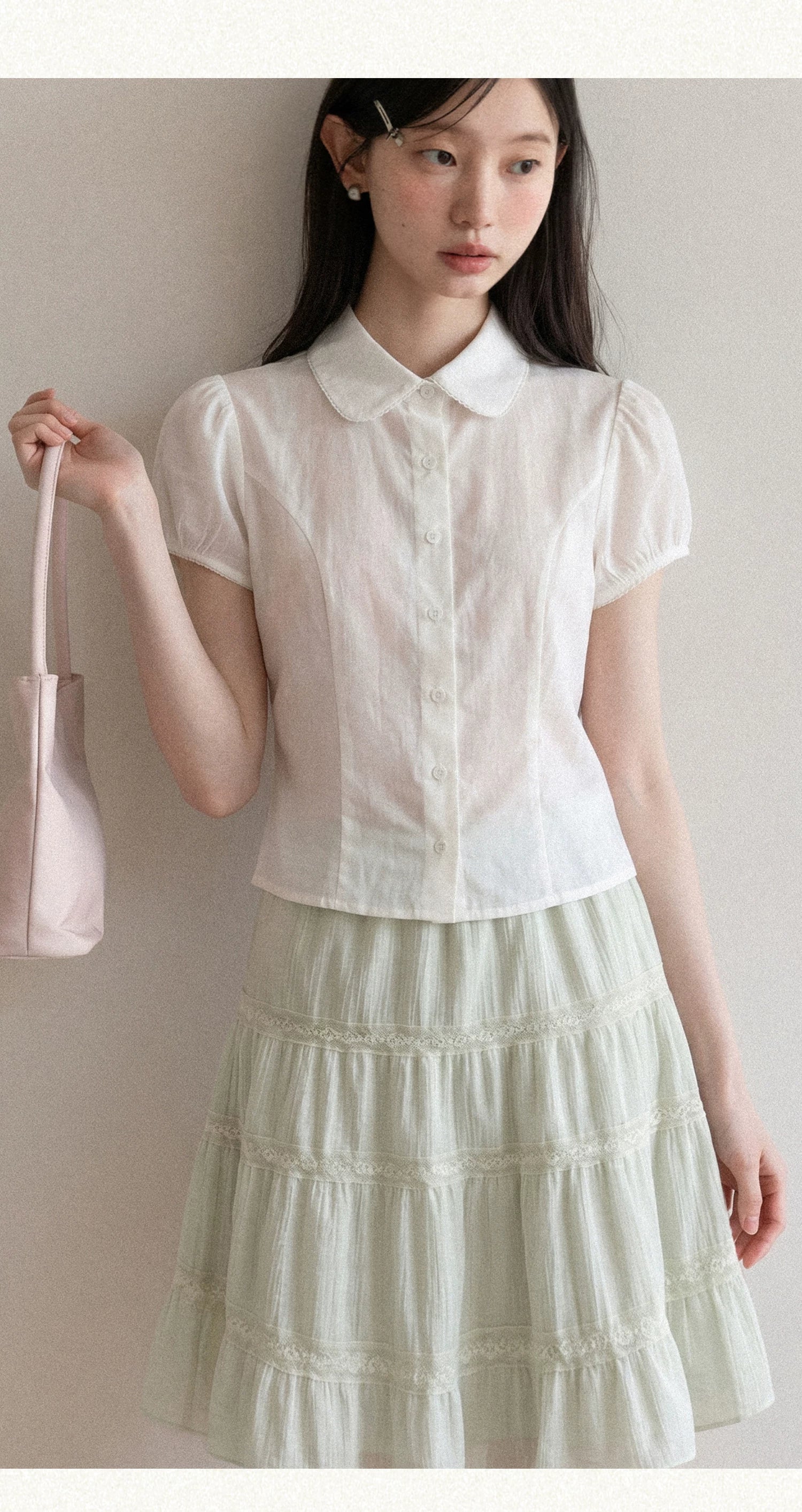 Cantonstory Slim-fit Waist Short-sleeved Shirt Skirt Set