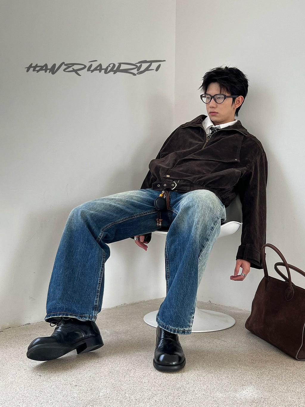 HANQIAORJI Washed Horse Leather Square Round Head Derby Shoes Leather Shoes