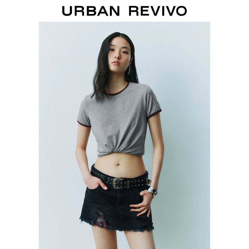 URBAN REVIVO Casual Contrasting Lines Crew Neck Short Sleeve T-Shirt
