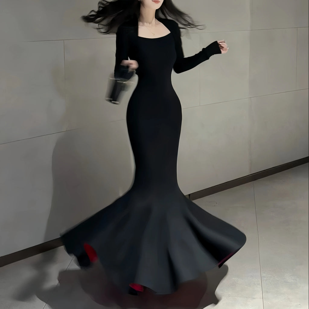 Instunning Square Neck Long Sleeve Waist High-end Dress