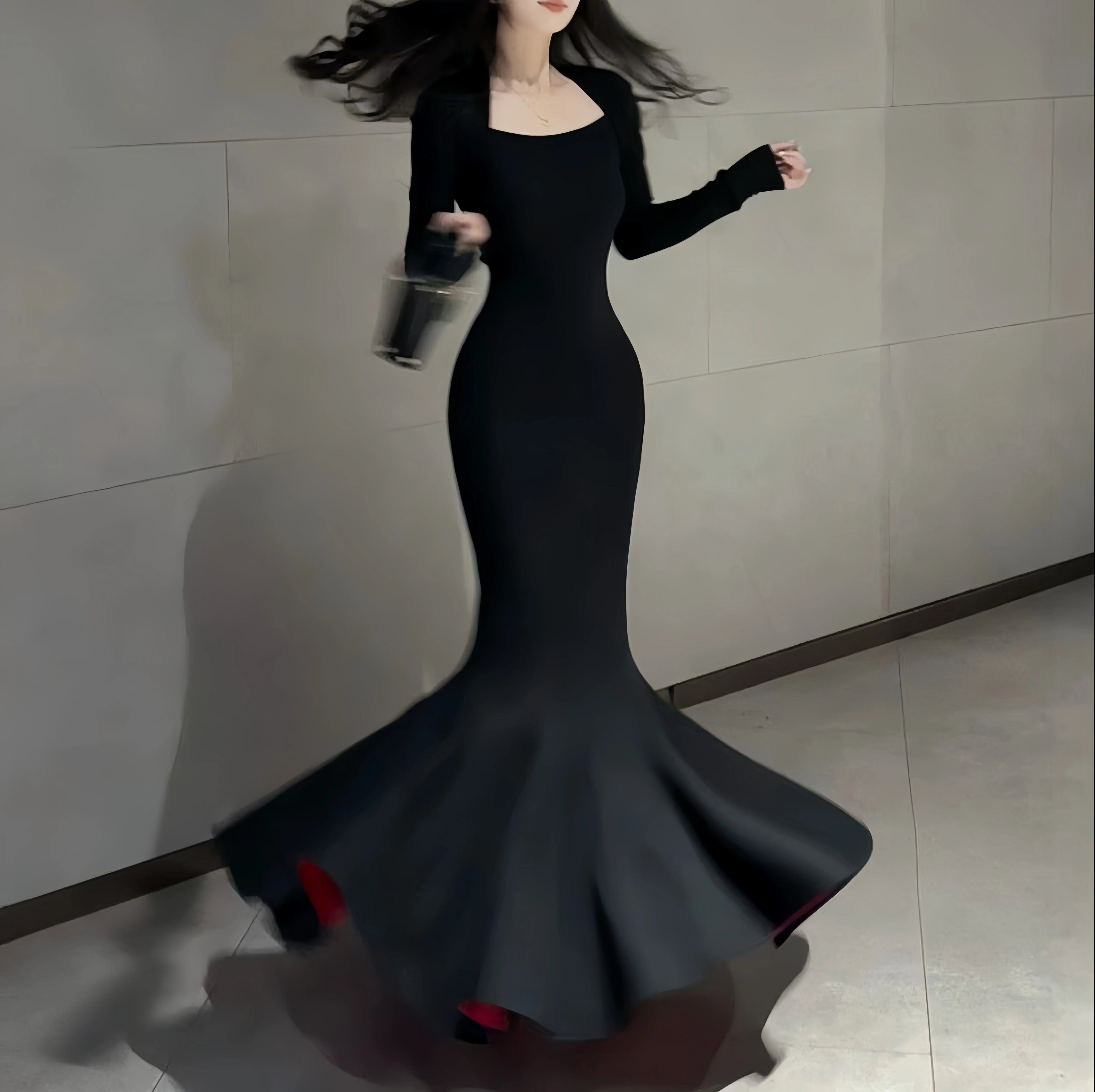 Instunning Square Neck Long Sleeve Waist High-end Dress