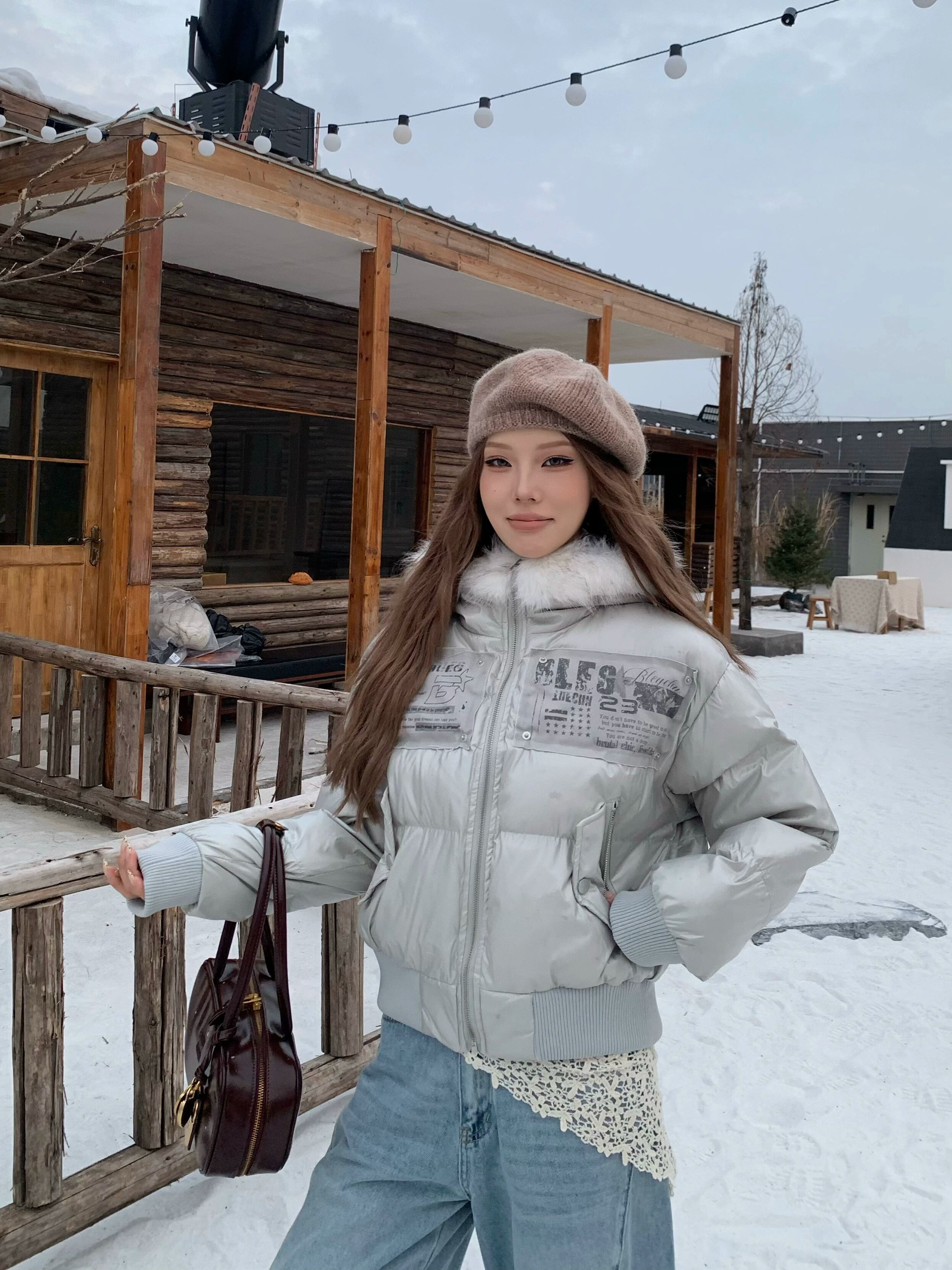 BANGU Vintage Fur Collar Hooded Cotton Jacket