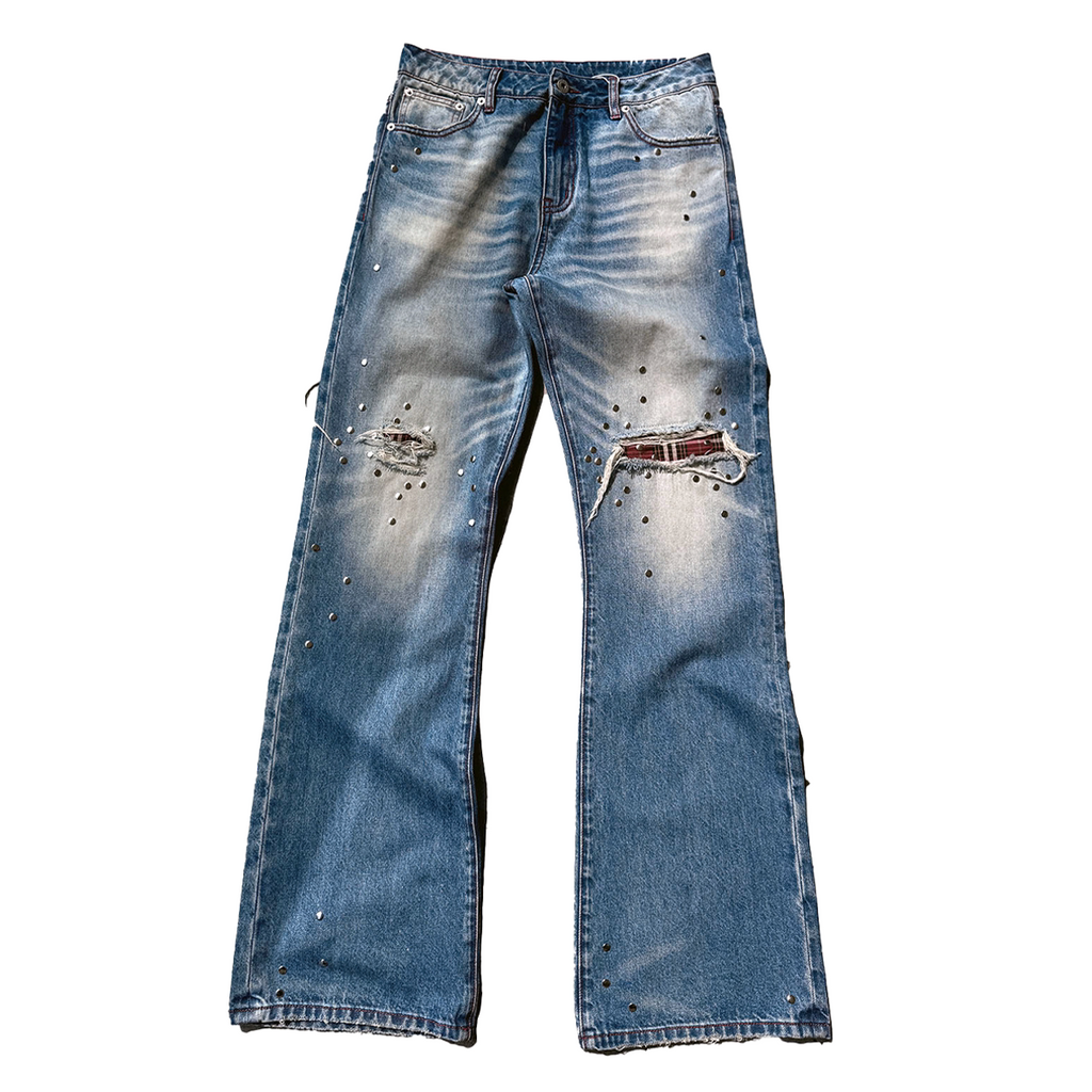 No E Mosen Plaid Rivet Pull Jeans
