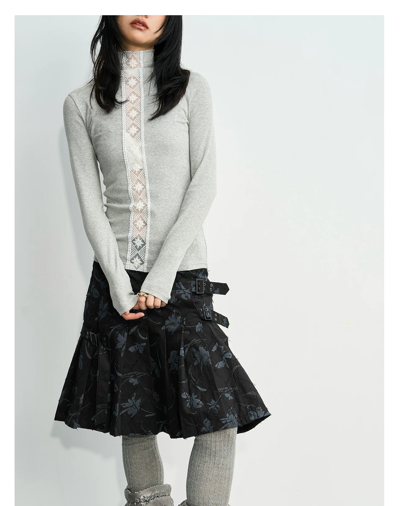 Enteralt Double Pin Buckle Medium High Waist Versatile Pleated Skirt