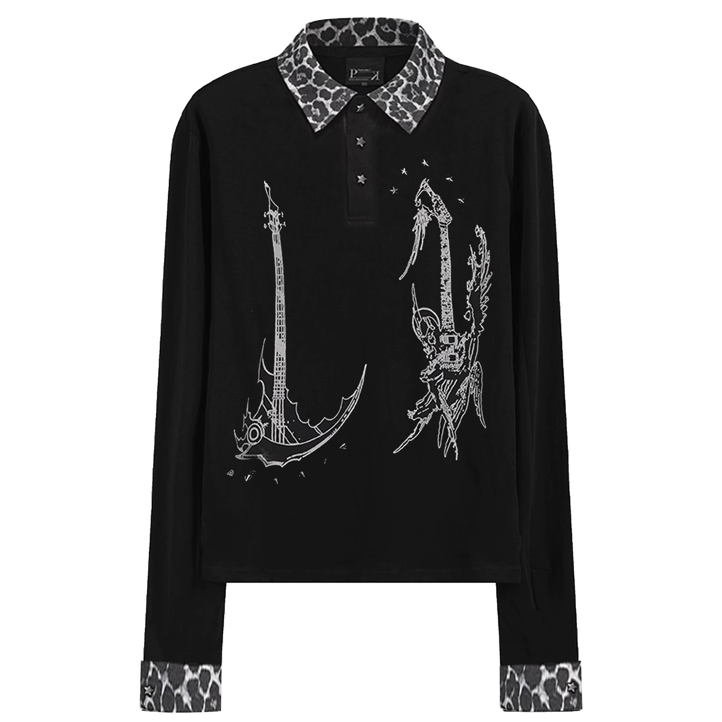 PAIKI Leopard Print Spliced Lapel Polo Shirt