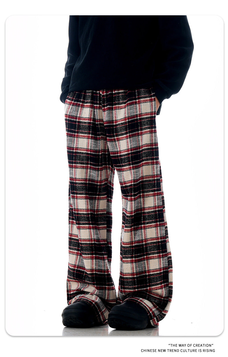 11KN Color-blocked Red Checkered Drawstring Straight-leg Slacks