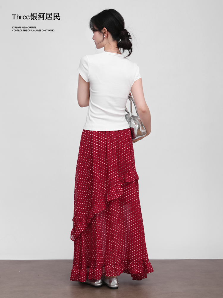 Three High Waist Thin Irregular Ruffle Edge Polka Dot Skirt