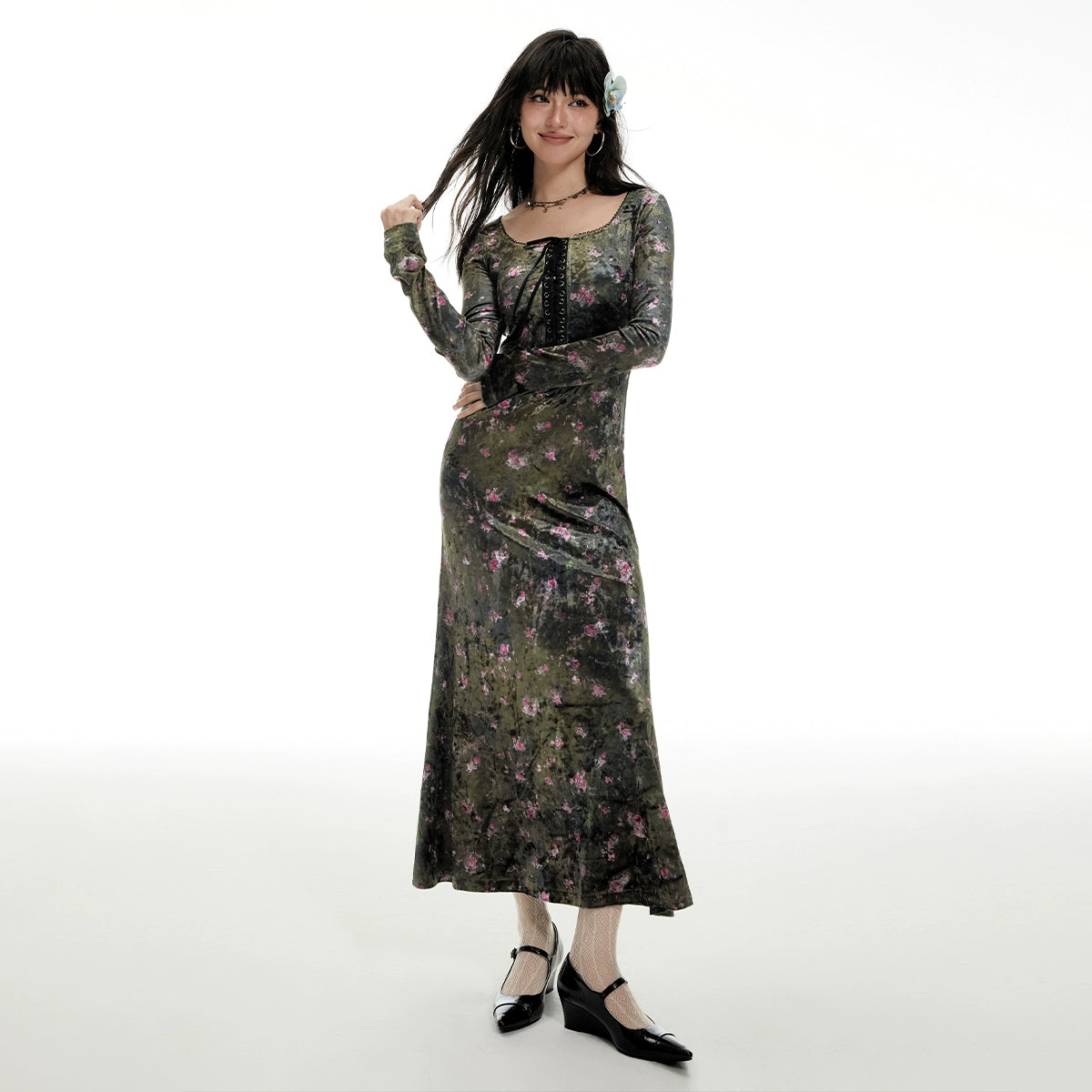 Imone Retro Chest Strap Waist Slim Square Neck Velvet Dress