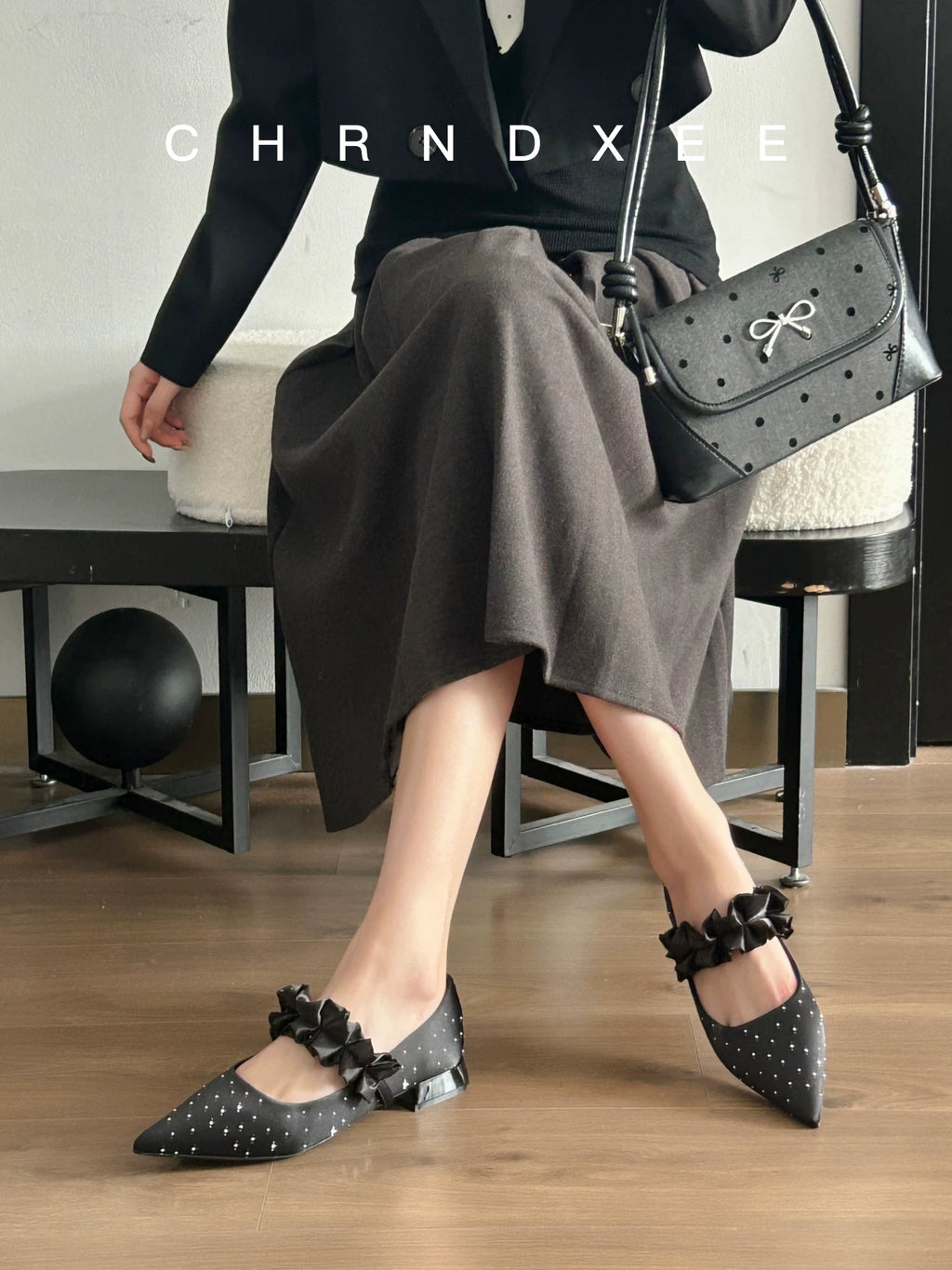 CHRNDXEE Bow One-button Versatile Pointed Shallow Mouth Single Shoes