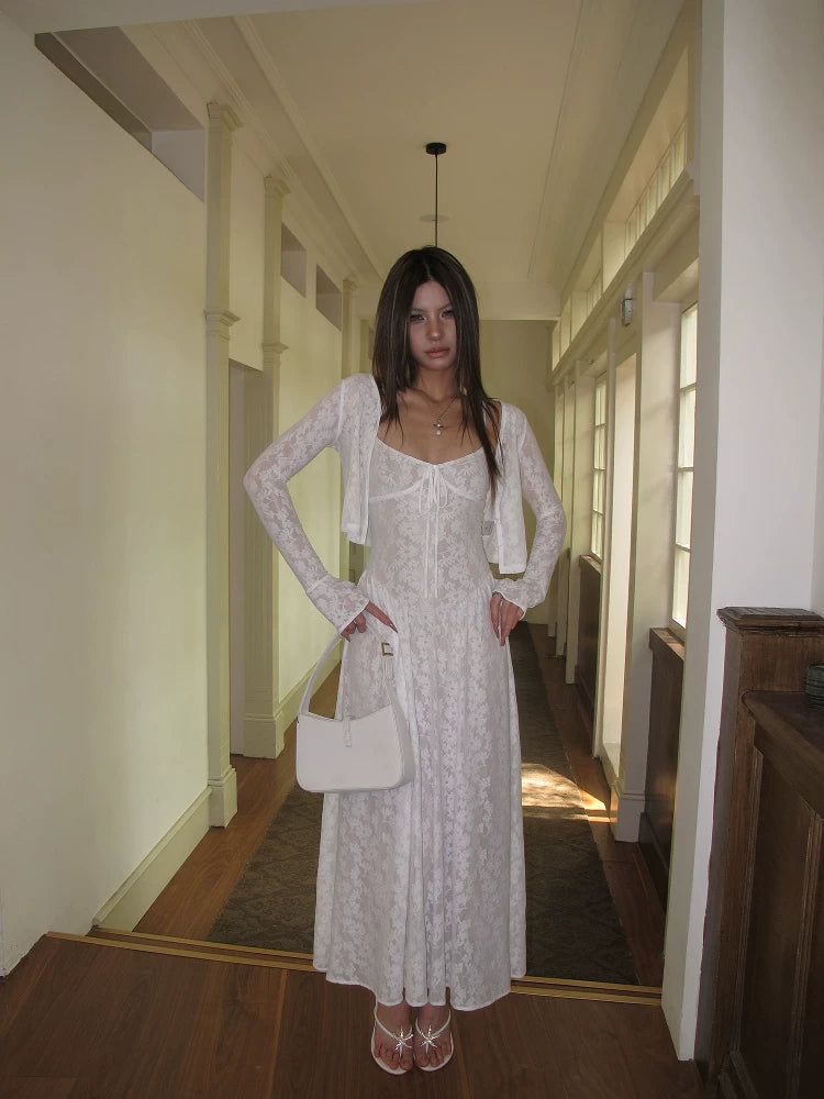 Audwyn Retro Pattern Cardigan Lace Waist Slim Dress Set