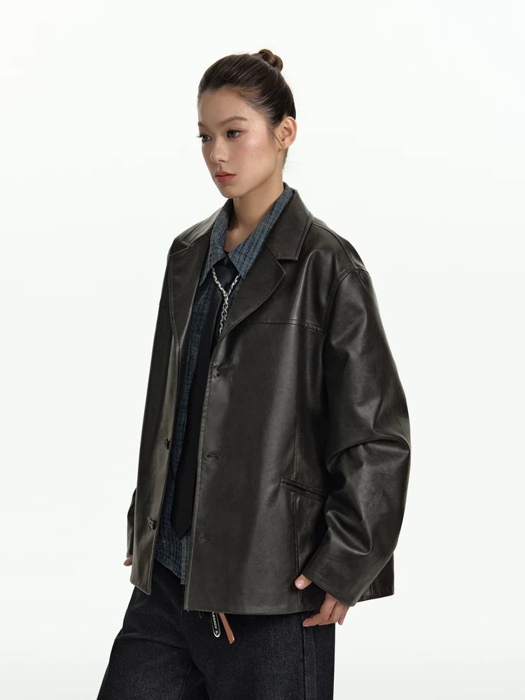 TGNS Vintage Pu Leather Lapel Jacket