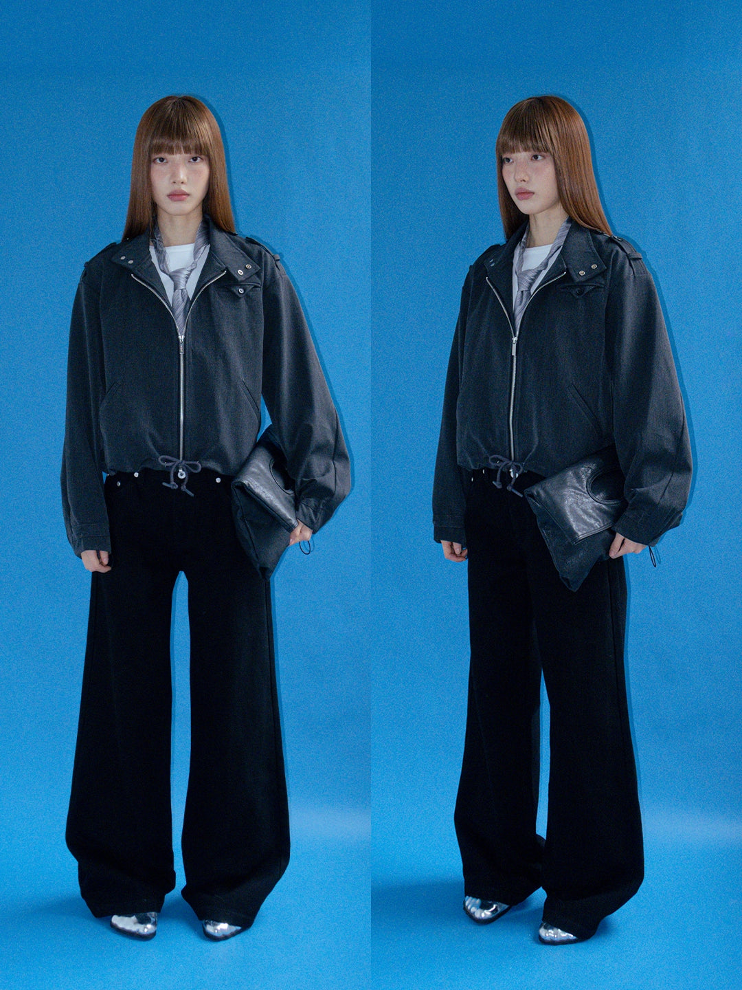 FUNKYFUN Silhouette Short Wide Drawstring Stand-up Collar Suit Jacket