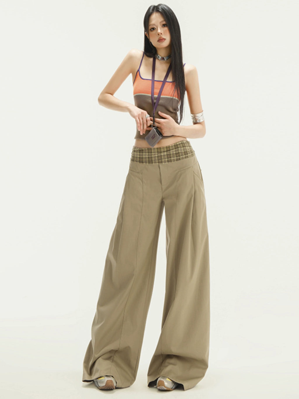 KPSR Splicing Checked Casual Loose Wide-leg Pants