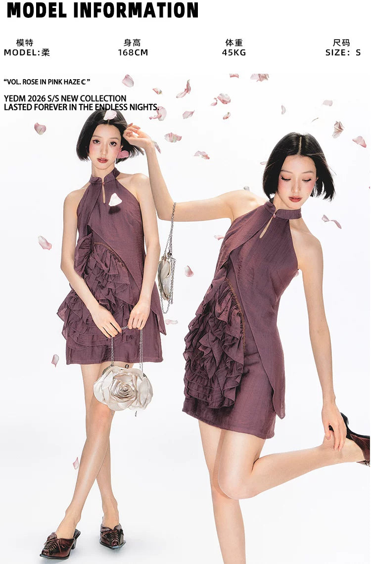 YEDM Stand-up Neck Neck Three-dimensional Rose Dress