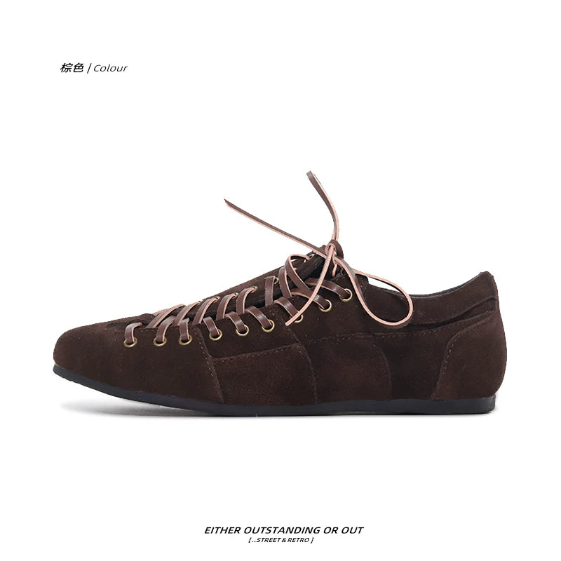 SHENLV STUDIO Suede Asymmetrical Side Opening Lace-up Fur Shoes Dexun Shoes