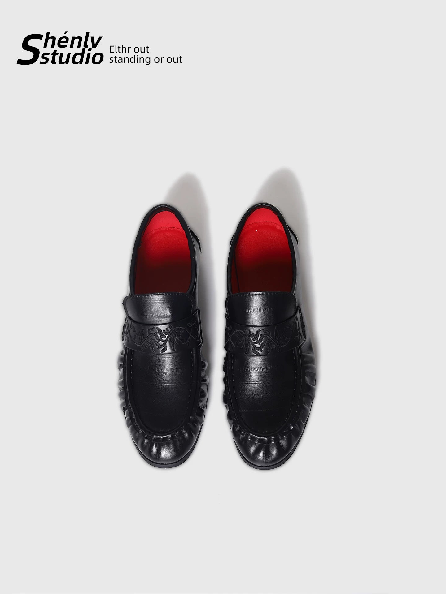 SHENLV STUDIO Pleated Niche Embroidered Casual Leather Shoes