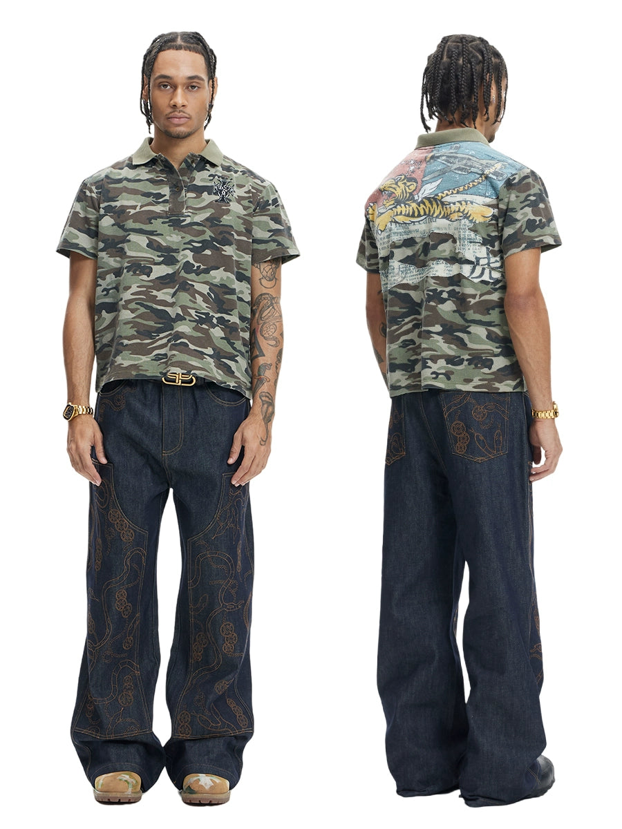 DND4DES Flying Tiger Printed Patch Splicing Camouflage POLO Shirt