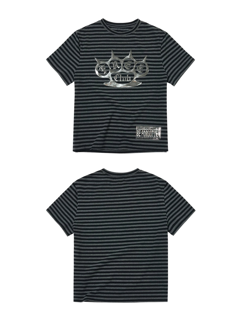 SAXGENWON Striped Three-dimensional Bright Silver Printed Front Shoulder Tee
