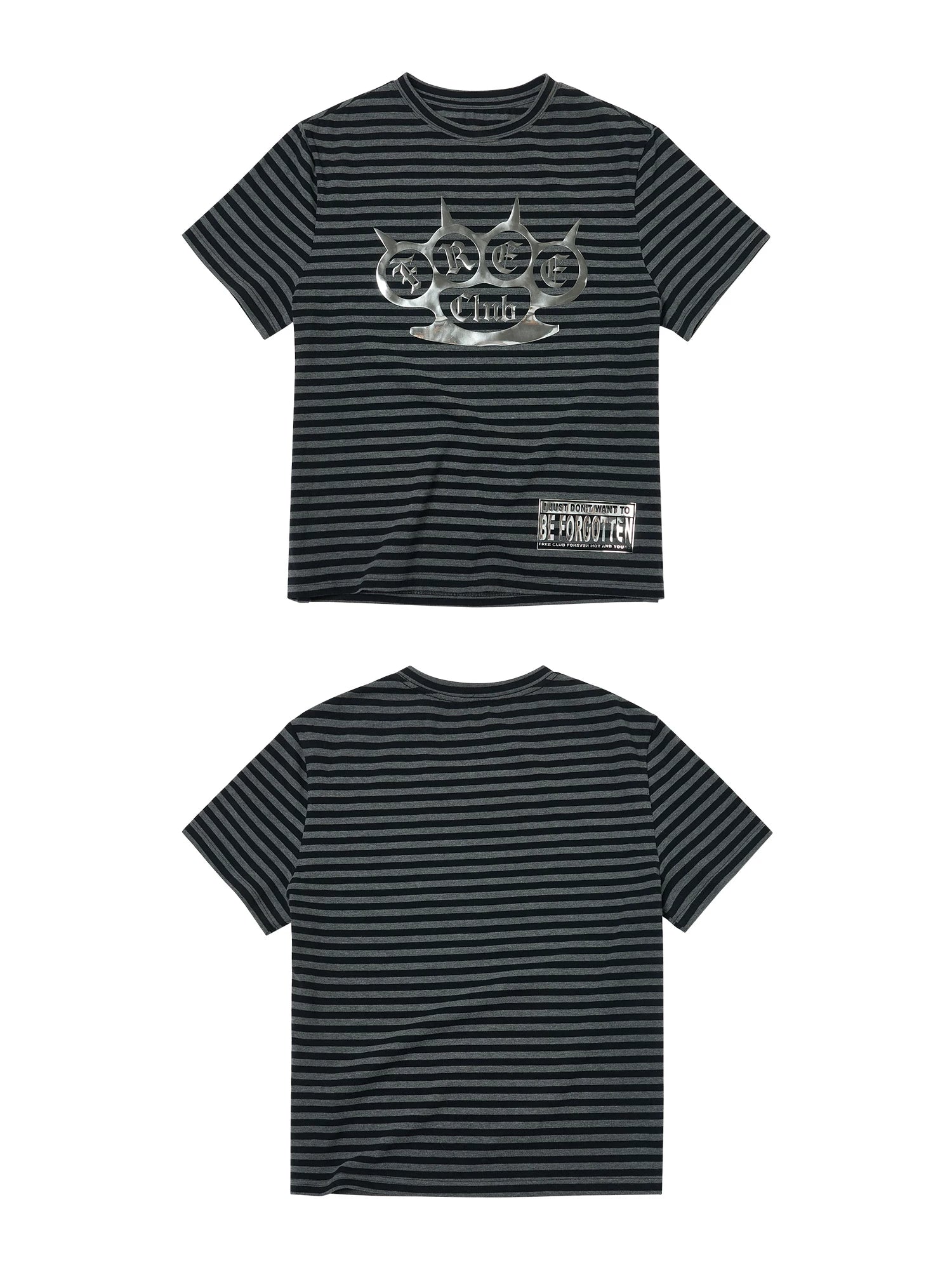 SAXGENWON Striped Three-dimensional Bright Silver Printed Front Shoulder Tee