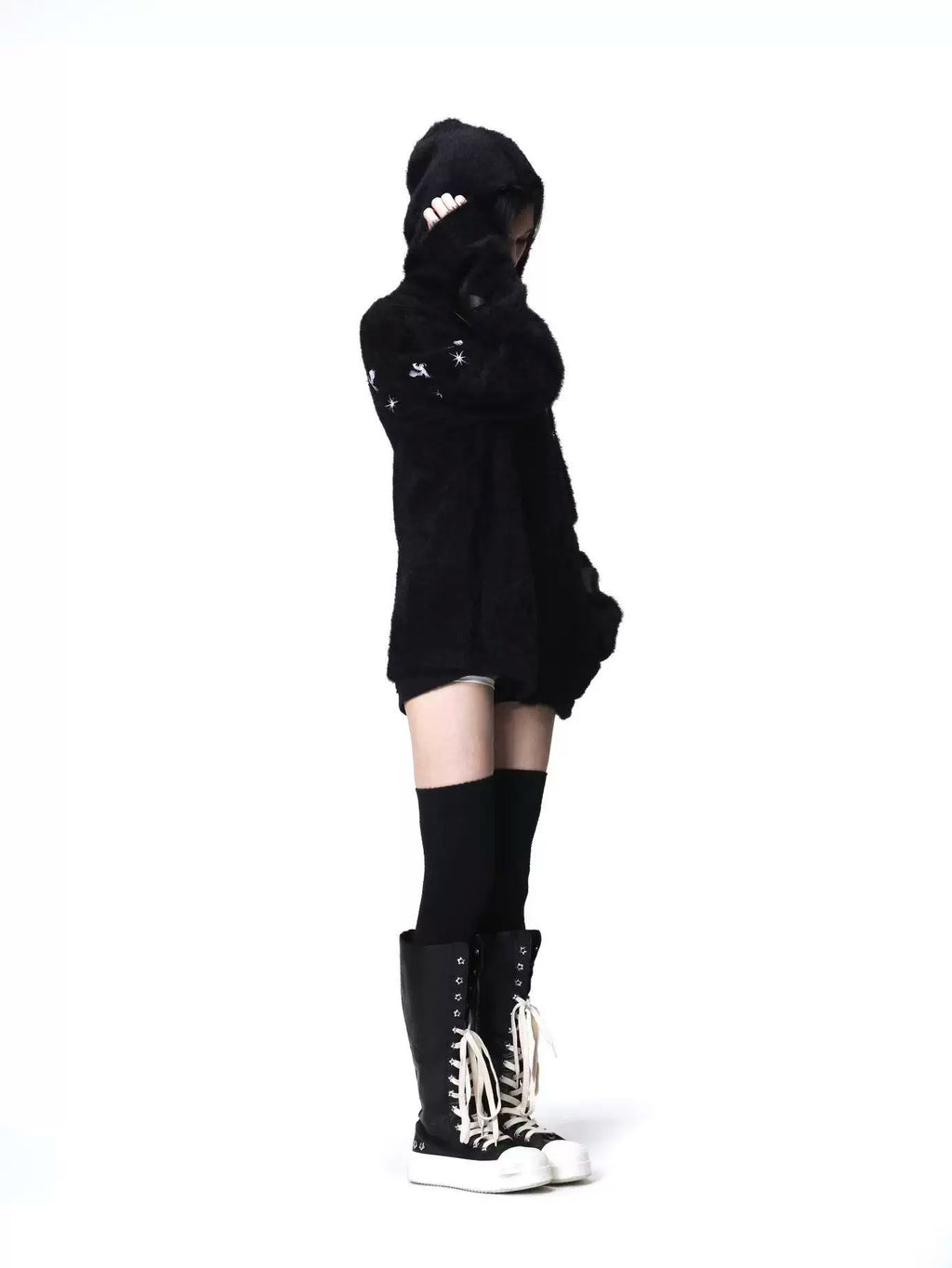 DETW Shoulder-down Zip Mohair Hooded Embroidered Jacket