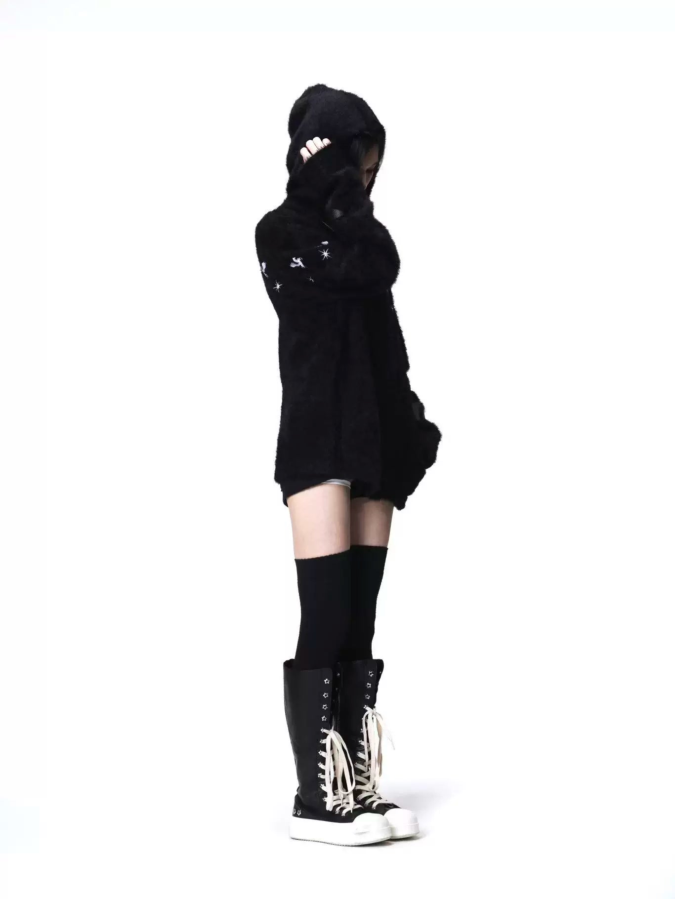 DETW Shoulder-down Zip Mohair Hooded Embroidered Jacket