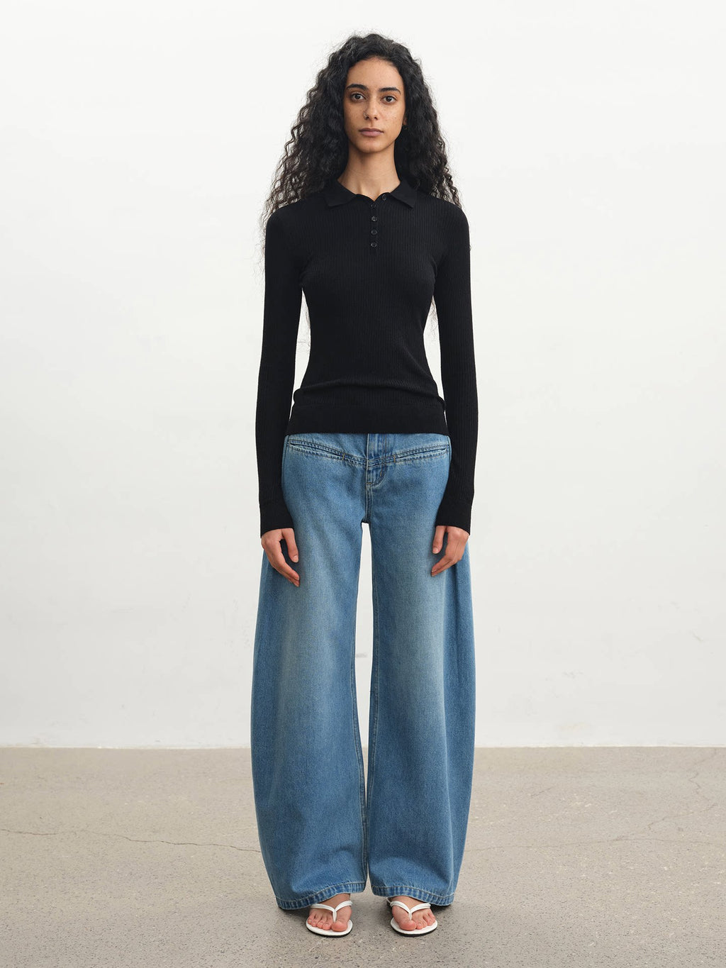 JCAESAR POLO Collar Pit Strip Knitted Bottom Long Sleeve