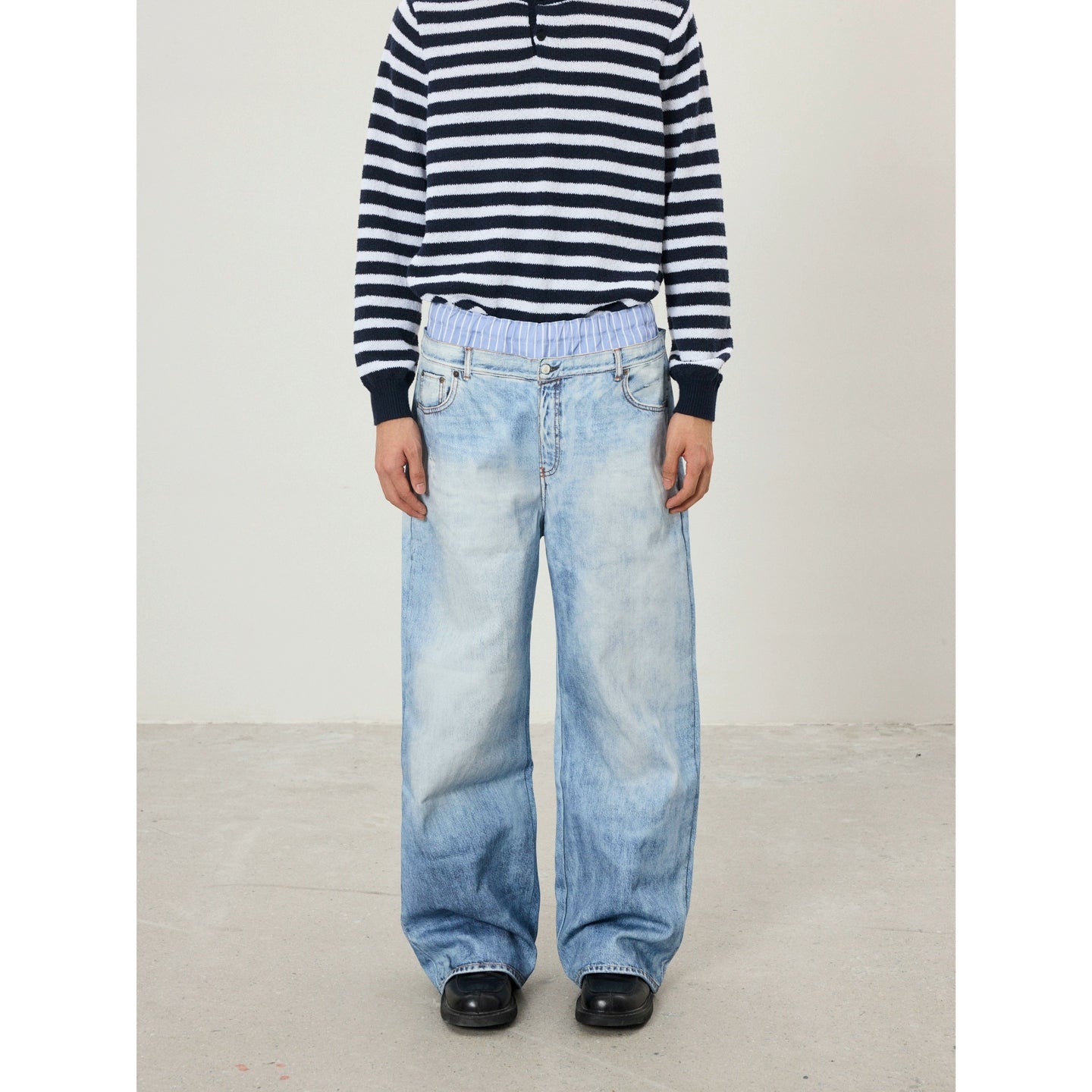 BTSG Retro 3D Printed Double Waist Striped Stitched Jeans